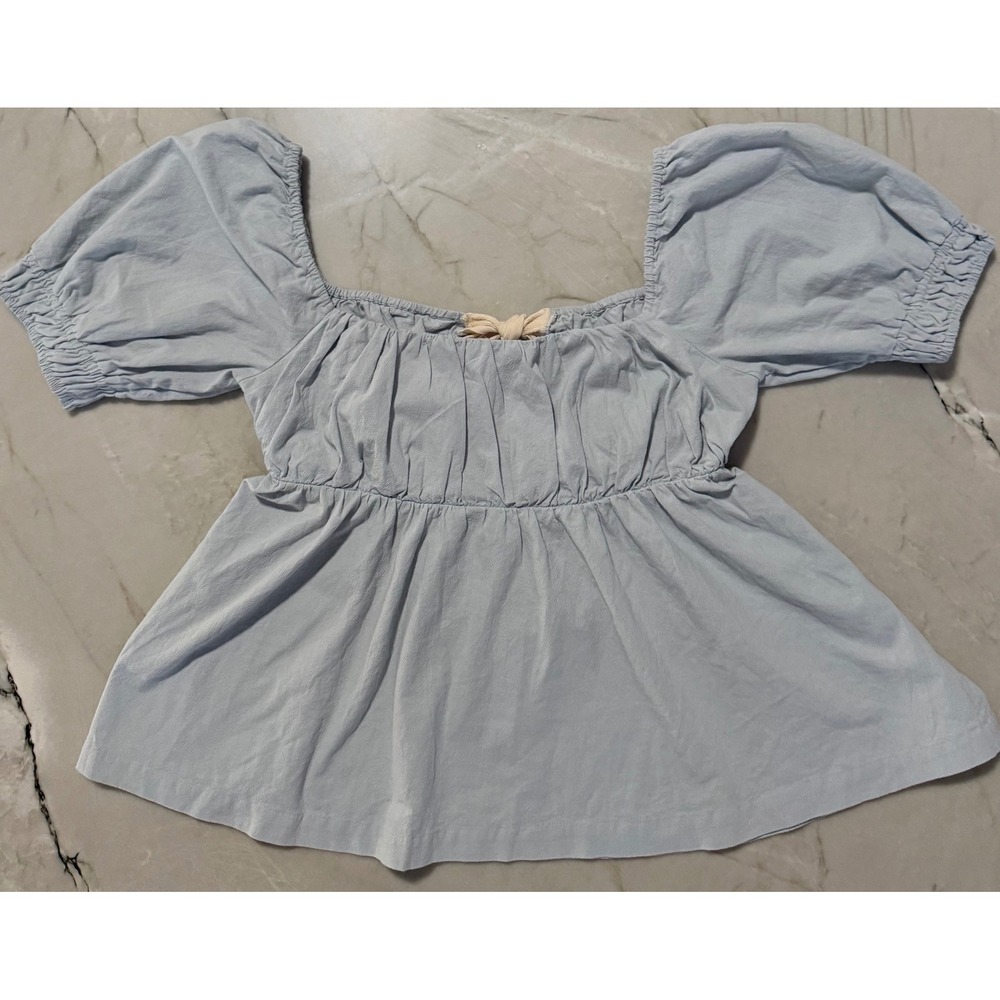Free People Light Blue Puff Sleeve Babydoll Donnie Top Tie Back Cutout Sz L Boho